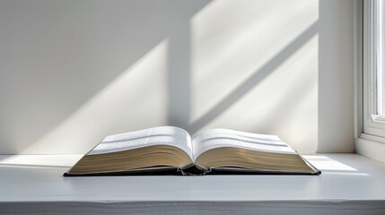 Wall Mural - A book open on a white table with sunlight shining through the window, AI