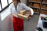 Fototapeta  - Woman holding parcels ready for shipment