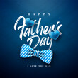 Happy Father's Day Greeting Card Design with Striped Bow Tie and Blue Heart on Dark Blue Background. Vector Fathers Day Celebration Illustration for Loved and Best Dad. Template for Banner, Flyer