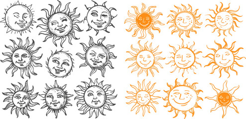 Poster - Hot weather suns collection vector illustration, summer scribbled sun doodles