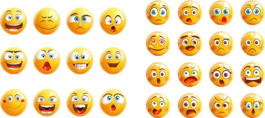 Poster - Smiling and sad, happy love eyes of balls, emotion circles icons, emojis with expressions funny vector