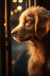 © Andrii Yablonskyi - close up, head of puppy dog, looking at window, in window there is reflections of royal stair, suspense movie poster сreated with Generative Ai