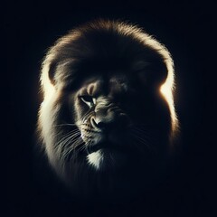 Wall Mural - A violent lion portrait, with the rim light. The background is black