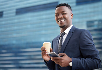 Poster - Black man, business and coffee with phone in portrait for schedule or networking as manager with digital technology. Happy, male person and mobile device for research on project proposal for work