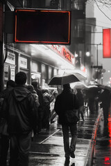 Wall Mural - A man walks down a wet street with an umbrella