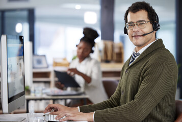 Poster - Man, portrait or computer at call center with headset for support, customer with questions or conversation. Male agent, keyboard or telemarketing with microphone in workplace, typing for deal on web