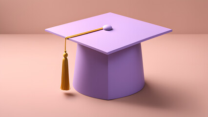 A purple graduation cap with a gold tassel. The cap is sitting on a pink background