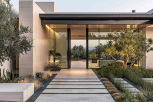 A Contemporary Home With A Striking Entrance Featuring A Glass Pivot Door And Minimalist Landscaping.