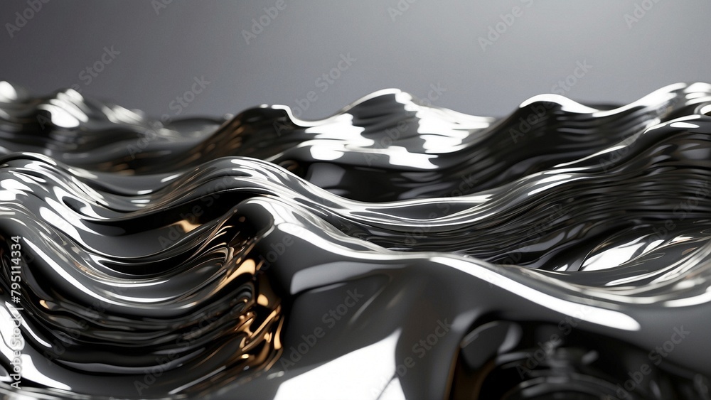 Abstract black and white background with liquid metal silver waves ...