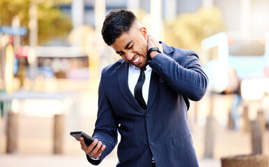 Poster - Man, phone and pain on neck, corporate and outdoor with communication, company and workplace in New York. Street, injury and strain of muscle, employee and publicist in public relations of business