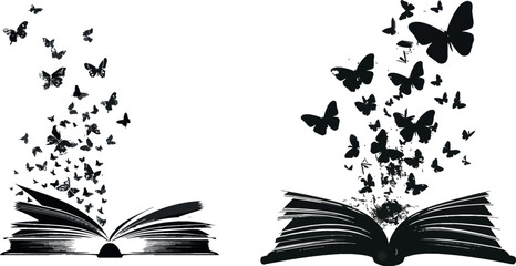 Aufkleber - Black books silhouettes with flying butterflies,