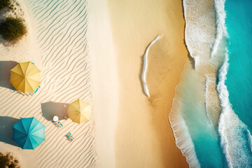 beach with waves and brigh umbrellas. summer seascape from air. travel concept. generative ai