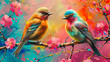 Two vibrant birds sit gracefully on a cherry blossom branch, its vibrant colors complementing the ethereal beauty of the delicate pink flowers.