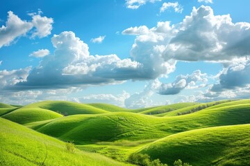 Wall Mural - Beautiful Hills. Idyllic Spring Landscape with Green Grassy Hills under a Beautiful Blue Sky