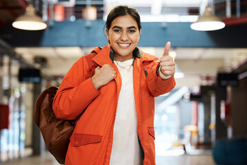 Sticker - Education, portrait and thumbs up of student Indian girl on campus for learning at college or university. Bag, smile and study with academy pupil at school for knowledge, scholarship or thank you