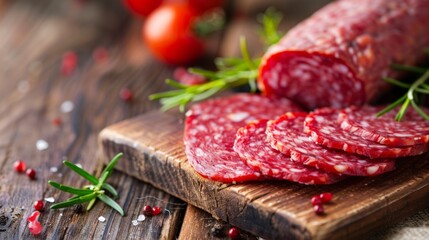 Poster - Sliced salami on cutting board with tomatoes