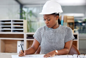 Poster - Hardhat, architecture and black woman drawing blueprint in office for construction building project. Affirmative action, engineer and African female industrial worker working on infrastructure plans.