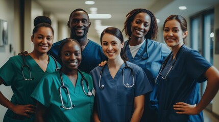 Portrait of a group of happy doctors, nurses, and other medical staff in a hospital.