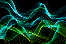 Waves Of Neon Light In Shades Of Green And Blue. Hypnotic Abstract Design On Black Background.