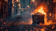 A garbage container with garbage is on fire on a street in the city.