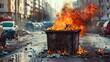 A garbage container with garbage is on fire on a street in the city.