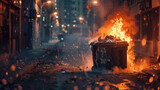 Fototapeta Sport - A garbage container with garbage is on fire on a street in the city.