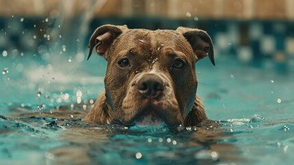 Canvas Print - A dog swimming in a pool with water splashing around him, AI