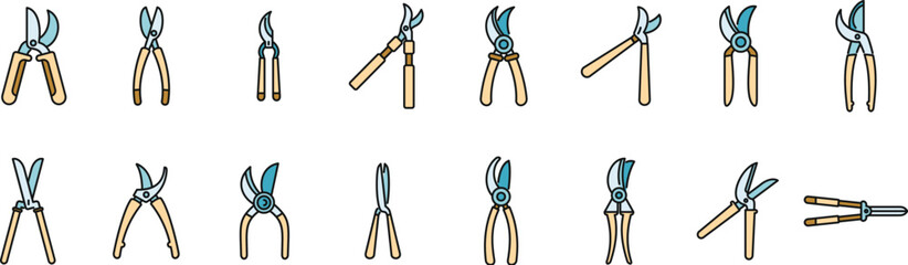 Poster - secateurs icons set outline vector. agriculture cut. garden farm thin line color flat on white