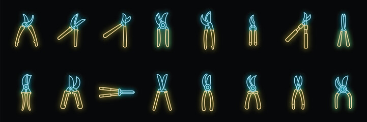 Poster - secateurs icons set outline vector. agriculture cut. garden farm neon color on black