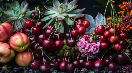 Wall Mural - A captivating display of succulent cherries arranged meticulously for the shoot