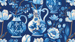 Seamless vector delftware pattern with tulips 