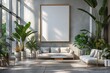 mockup design blank photo frame hanging on wall at cozy living room, boho style interior room with sunlight, light and shadow play, Generative Ai