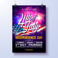 Wall Mural - Independence Day of the USA Party Flyer Illustration with American Flag and Fireworks. Vector Fourth of July Design on Night Blue Background for Celebration Banner, Greeting Card, Invitation or