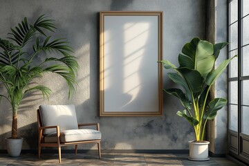 Wall Mural - mockup design blank photo frame hanging on wall at cozy living room, boho style interior room with sunlight, light and shadow play, Generative Ai