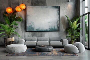 Wall Mural - mockup design blank photo frame hanging on wall at cozy living room, boho style interior room with sunlight, light and shadow play, Generative Ai