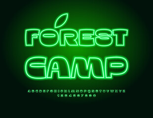 Wall Mural - Vector glowing poster Forest Camp. Creative Neon Font. Green Electric Alphabet Letters and Numbers set.