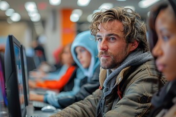 Poster - A focused man is seen engaging with multiple computer screens in a bustling internet cafe, denoting concentration and technology use