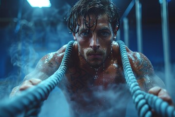 Poster - High-energy image of a tattooed man fiercely exercising with battle ropes in a dimly lit blue-hued gym, exuding strength