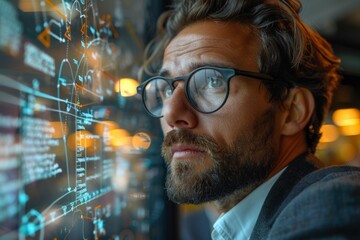 Poster - A man appears to analyze and manipulate a sophisticated holographic projection of digital interfaces and data