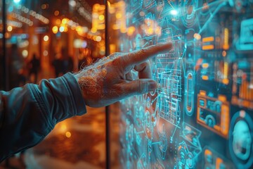Poster - A crystal-clear image captures a hand engaging with a glowing high-tech display of futuristic circuits and networks