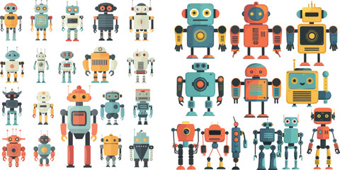 Poster - Retro robot set in flat style, vintage cute robots