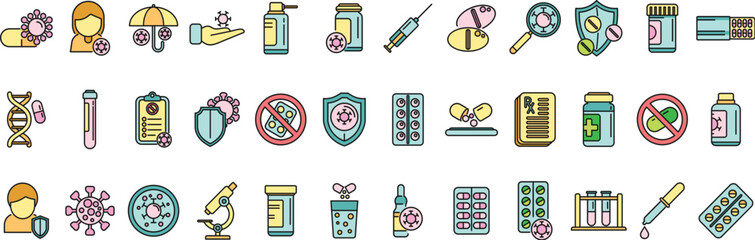 Poster - Antibiotic resistance icons set outline vector. Immune drug. Medical superbug thin line color flat on white
