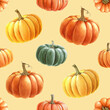 Bright pumpkins seamless pattern. Watercolor painted illustration. Hand drawn ripe orange autumn harvest pumpkin decoration. Thanksgiving and halloween bright seamless pattern element