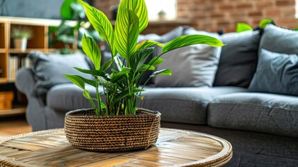 Poster - A potted plant sits on a wooden table in a living room