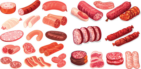 Aufkleber - Cartoon delicatessen sausages. Pork sausage chorizo or ham shopping meat market, red salami tasty pepperoni smoked wurstel slices