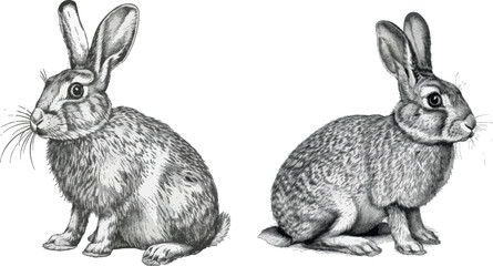 Aufkleber - Wild bunny sketch. Sketched rabbit or hare retro etch, antique engraving easter rabbits pencil