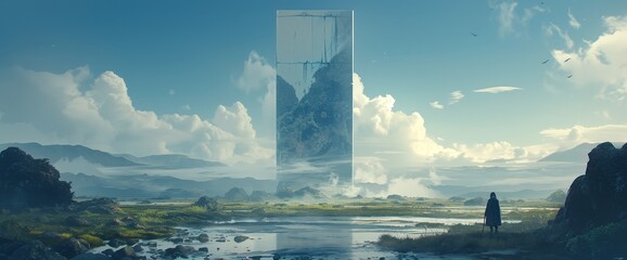 Wall Mural - A floating white angular mirror in the middle of a landscape, with a blue sky. There is water around it and black rocks