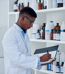 Poster - Black man, scientist and folder for inventory in lab for medical stock, update and products checklist. Doctor writing, pharmacist or bottles with chemical supply for research on paper or report