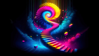 Surreal staircase to imagination with a vortex of rainbow colors against a dark nebulous background.