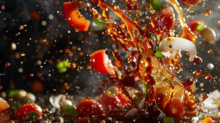 Wall Mural - Action shot of food ingredients being tossed together with sauce, creating a whirlwind effect